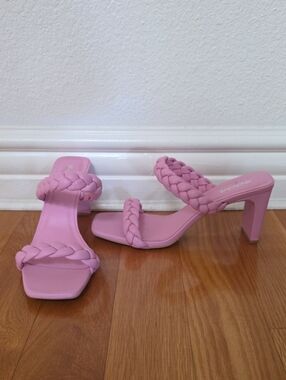 Soda Pink Braided Double-Strap Block Heel Sandals